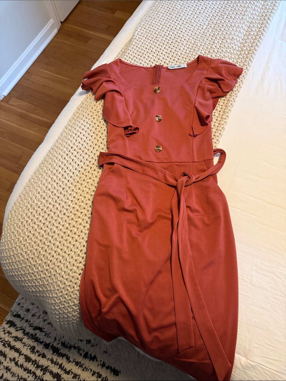 Grace Karin Rust Red Belted Midi Dress with Ruffle Sleeves